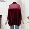 VONDA Women Stand Neck 3/4 Batwing Sleeve Mesh Patchwork Velvet Loose Long Tunic Blouse