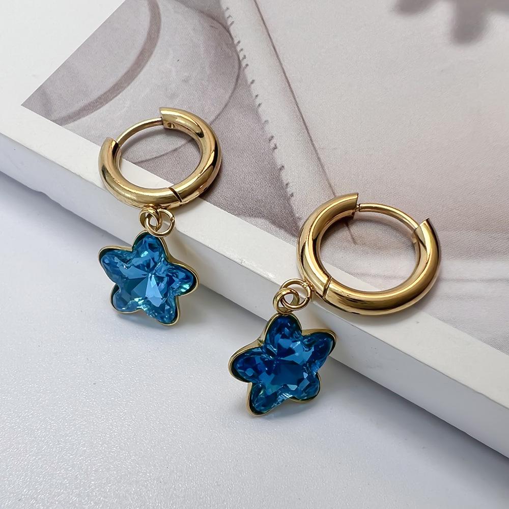 Colorful Glass Diamond Star Earrings: 18K Gold-Plated Stainless Steel, European & American Style