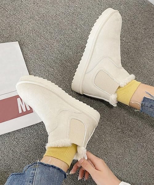 Missmo Sheepskin Boa Snow Short Boots with Side Gore and Fleece Low Flat Comfortable To Walk Thick Furry Work Cold Winter Boots Size Women's Boots,