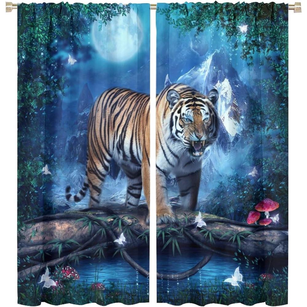 2 Panels Fantasy Forest Tiger & Snow Mountain Curtains - Blackout Filtering Window Drapes with White Tiger, Red Mushroom & Moon 60×150