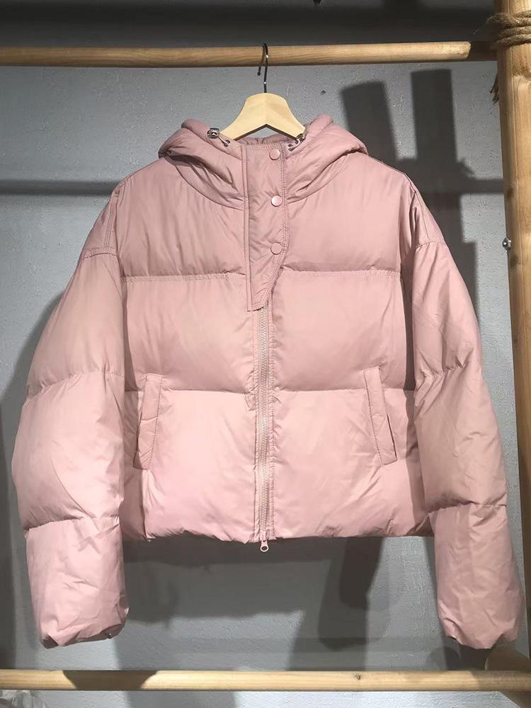 

Женское зимнее пуховое хлопковое пальто с капюшоном в корейском стиле 2024 года, однотонное, универсальное, приталенное, с длинным рукавом. One Size светло-розовый