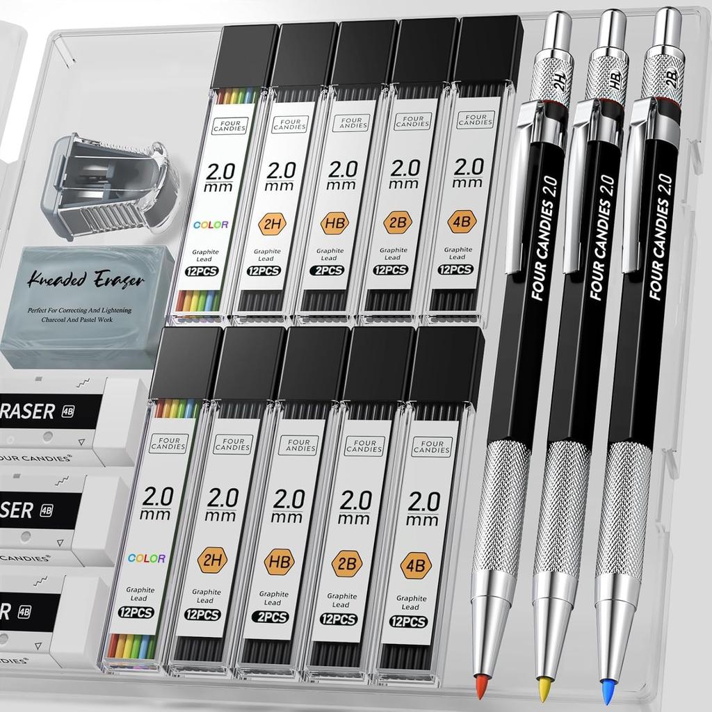 Four Candies 2mm Mechanical Set of Metal Mechanical Pencil Lead 120 Refills 2H 2B 4B Color for Sketching Pencils, 3, Holder, (HB Leads), Writing,