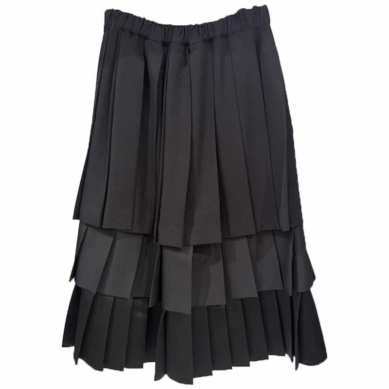 CDG KZYU Japanese-Style High Waist Pleated Patchwork Midi Skirt for Women - Spring/Summer Collection