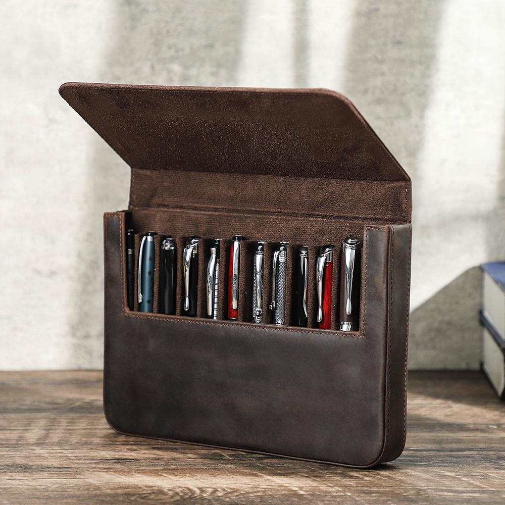 Genuine Leather Handmade Pen Case High Quality Retro 2/3/6/12 Slots Unisex Pen Pouch Office School Supplies Stationery Box
