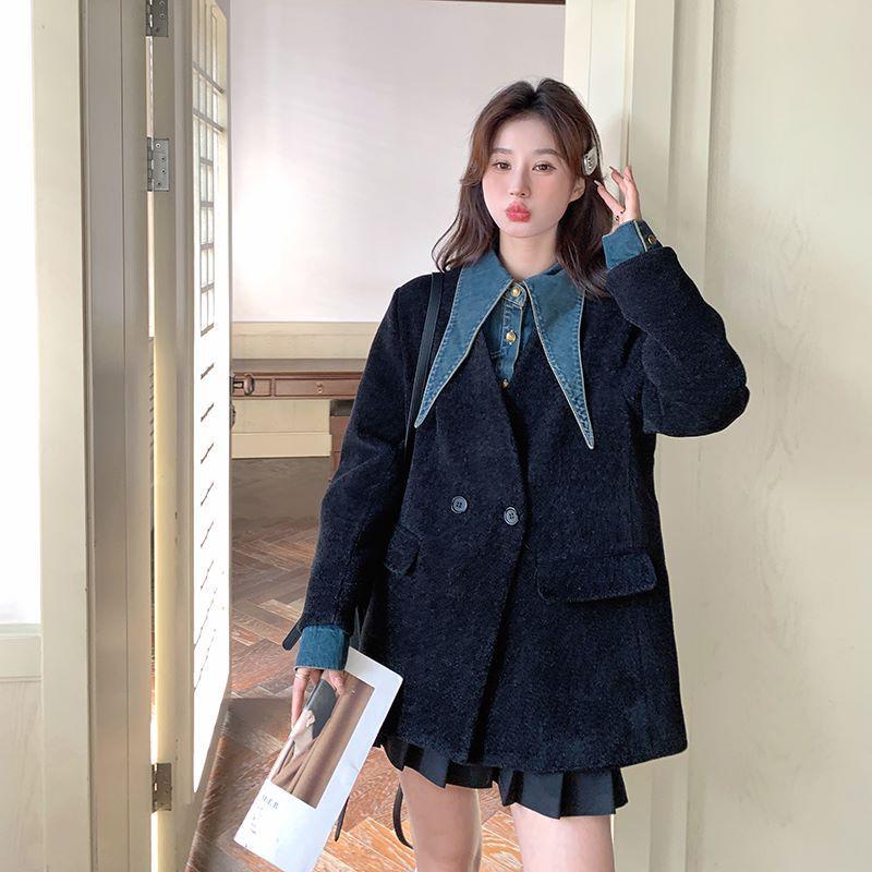 Fake Two-piece Denim Short Jacket for Women Springtime New Black Casual Slim Small Suit