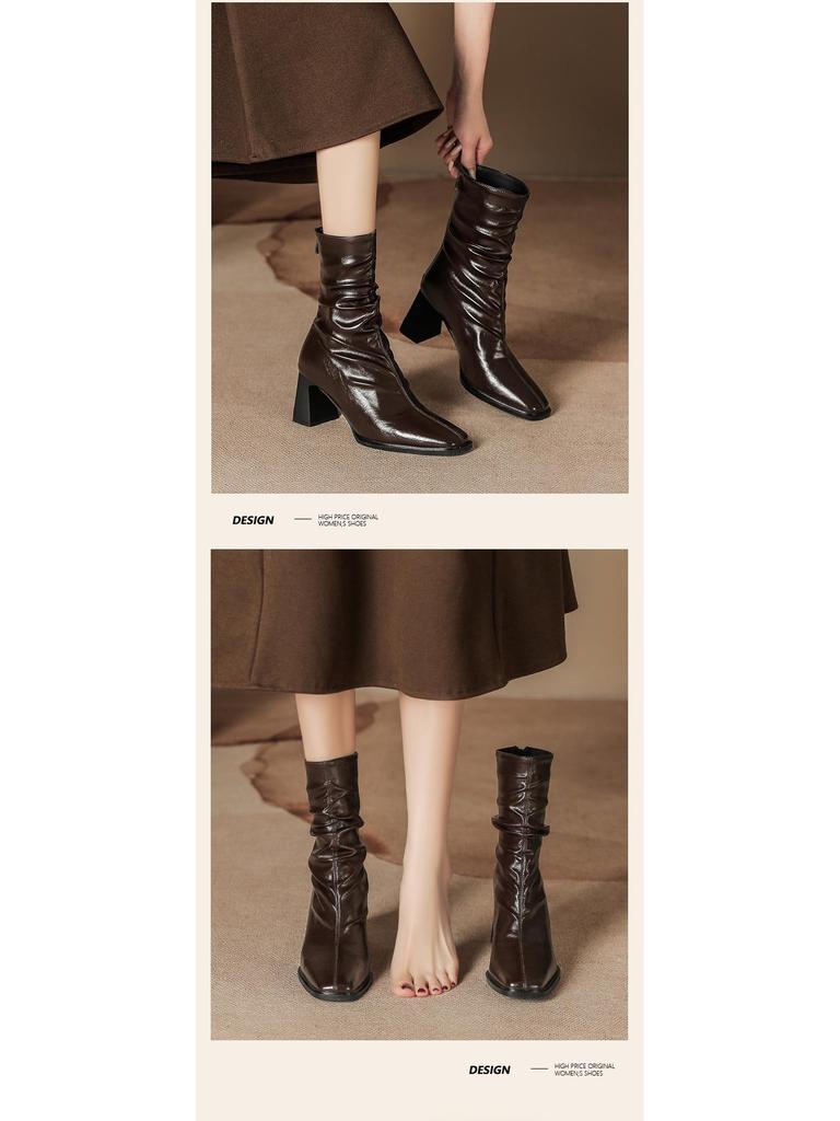 Pleated Retro French Ankle Boots with Velvet Lining, Mid-Calf Height, Back Zipper, and Slim Square Toe for Women.