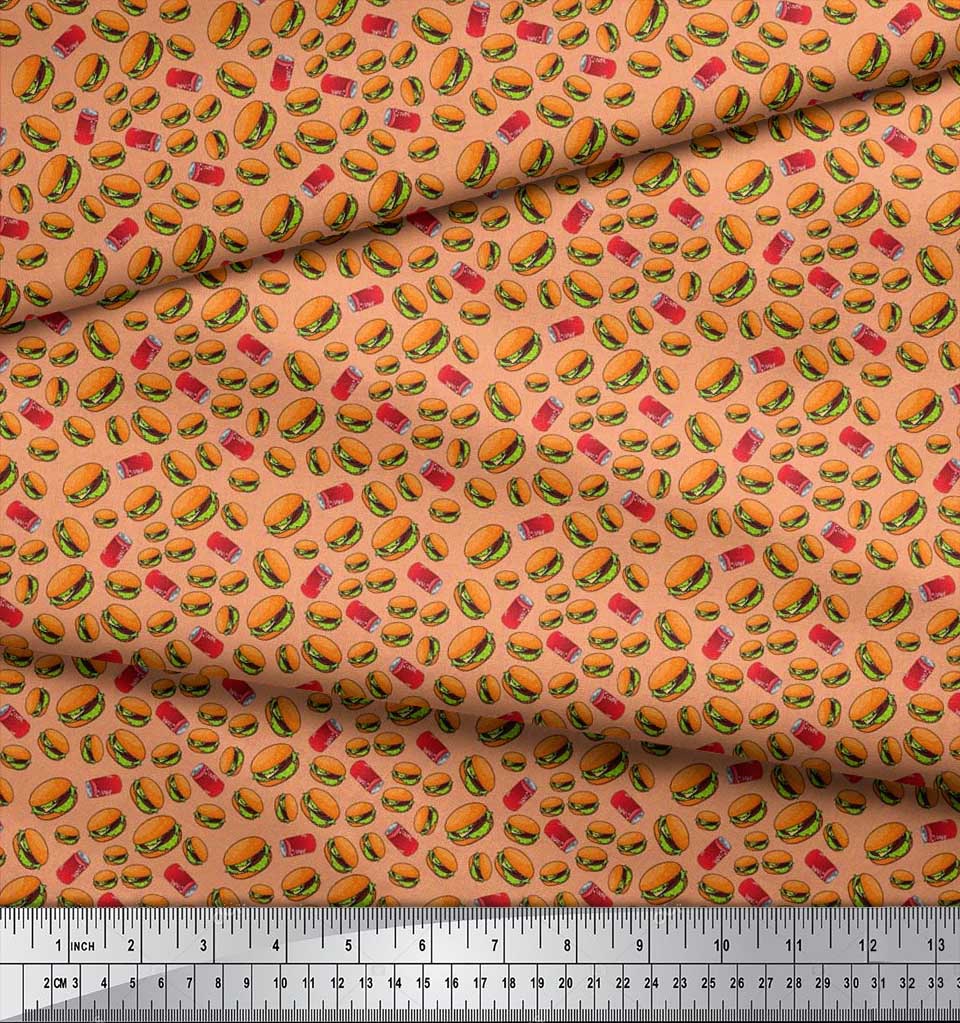 Soimoi Japan Crepe Satin Fabric Coke & Burger Food Printed Craft Fabric by the Metre 42 Inch