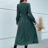 Green Chic Leopard Print Women Dress V Neck Long Sleeve High Waist Long Dress