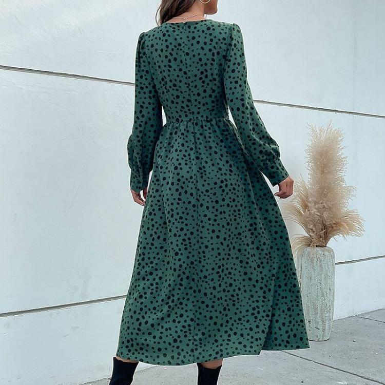 Green Leopard Print Chic Women Dress High Waist Long Sleeve V Neck Long Dress