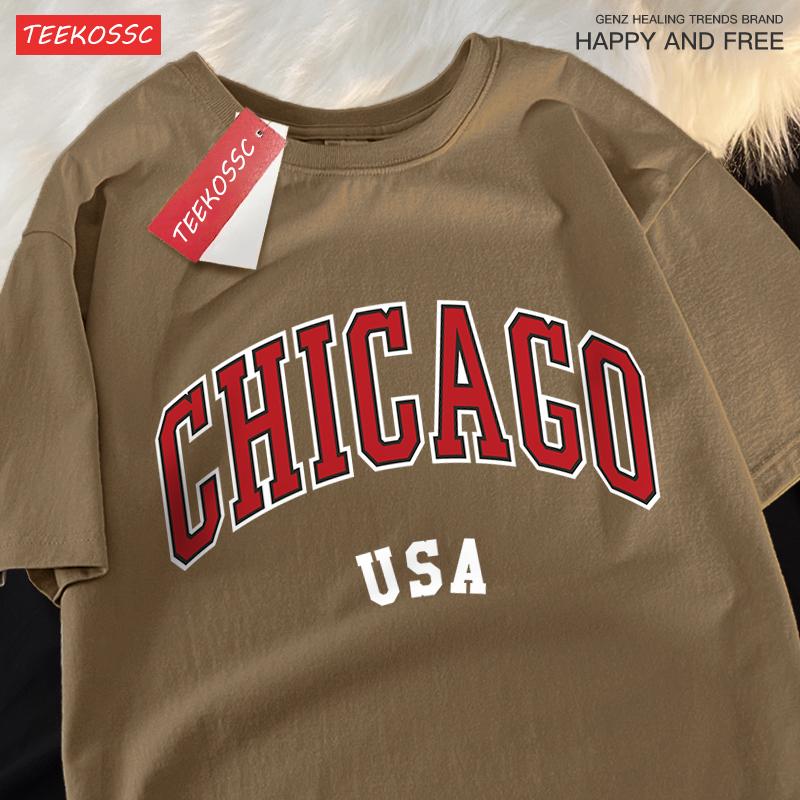Chicago USA Klasyczny Graficzny T-Shirt Męski Street Crewneck T-Shirty Tee Ubrania Koszulka Casual Bawełna Krótki Rękaw Para