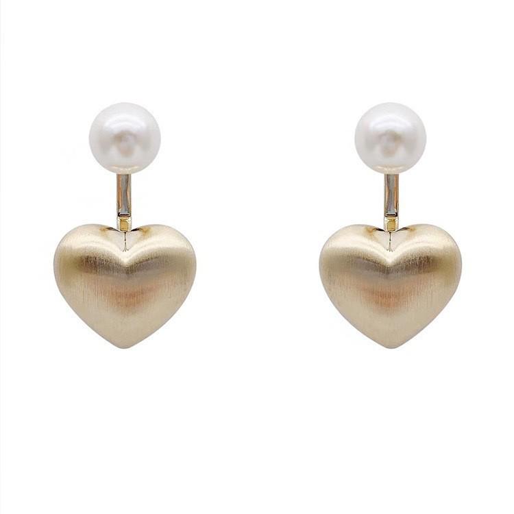 Elegant Two-Way Metal Brushed Heart Pearl Earrings - Versatile High-End Studs