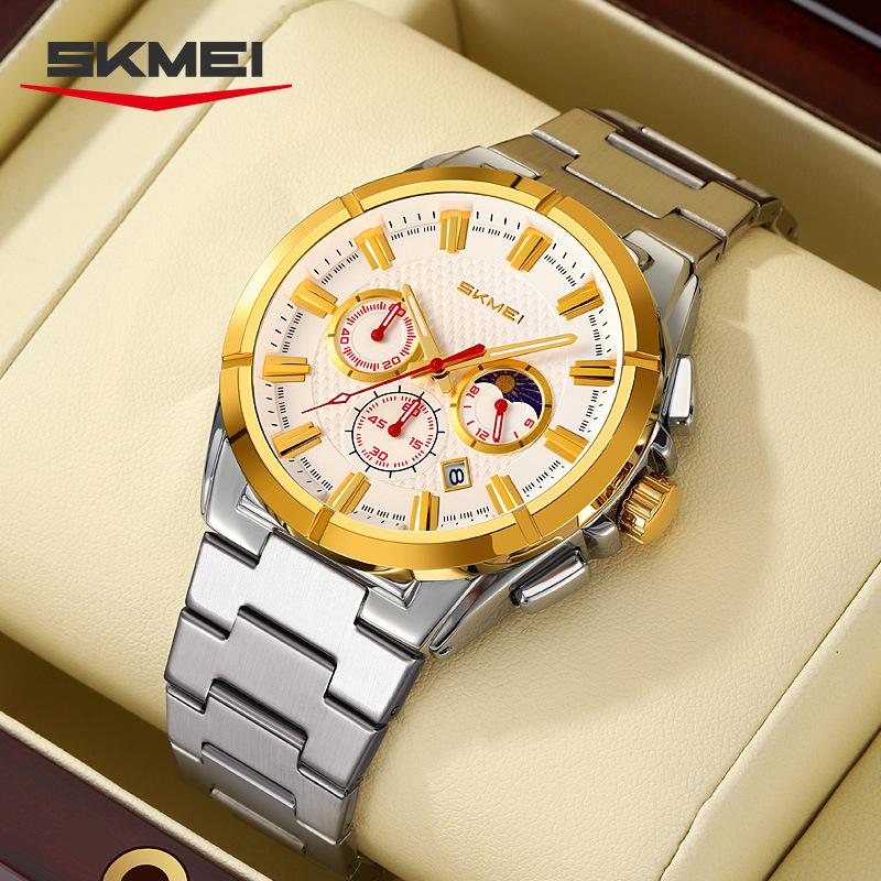 

SKMEI Fashion Multifunctional Quartz Watch for Men Calendar Luminous Luxury Stainless Steel Strap Mens Watches срібний/чорний