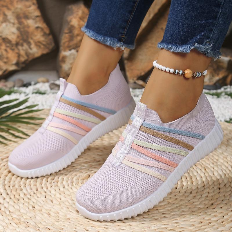 spring flying woven shoes, rainbow belt single shoes, casual one-pedal shoes