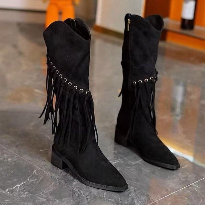 Módní dámské kozačky Semišové Dlouhá holeň Módní dámské Boční zip Silný podpatek Kozačky s třásněmi Vysoká kvalita Špičaté Nízký podpatek Kozačky Botas Mujer
