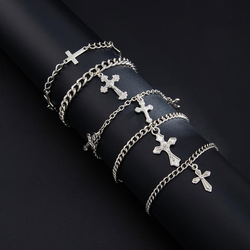 Y2K Stacking Cross Bracelet Set For Men Vintage Multilayer Charm Chain Bracelets Hip Hop Jewelry