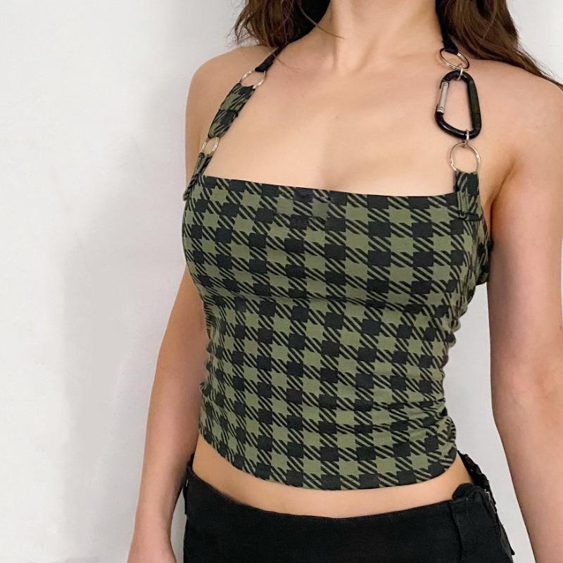 

Женская сексуальная майка без рукавов с подвесным шейным ремешком в клетку из металла для женщин