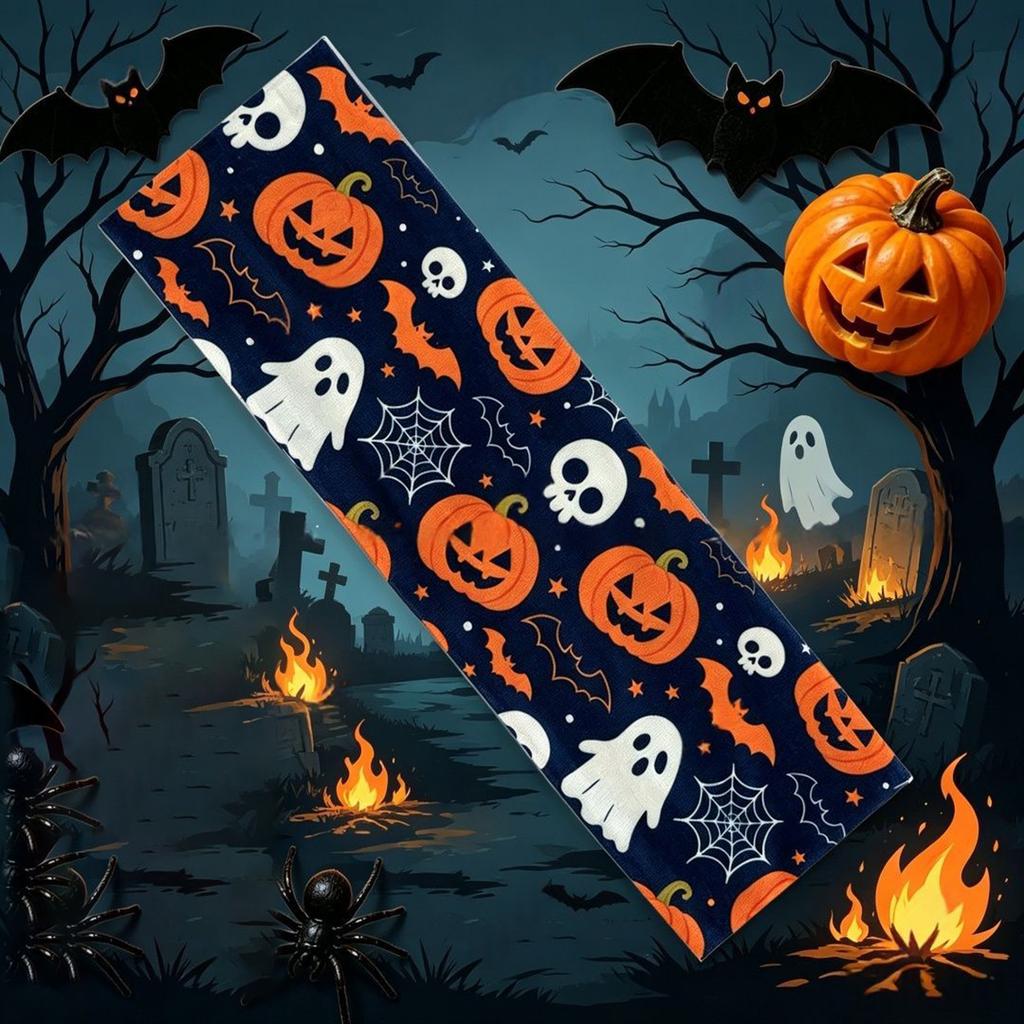 Halloween Themed Headband for Women Stretchy Party Headwear Ghost Pumpkin Spider Web Bat Print Fashion Hair Accessory