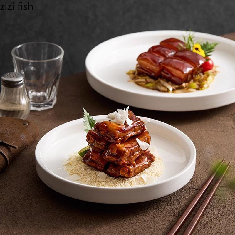 Solid Color Gold Edge Ceramic High Foot Plate Restaurant Flat Plate Dessert Dish Sushi Dish Molecular Cooking Creative Tableware