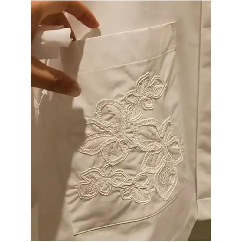 Women's Summer Short Lapel Half Sleeve Shirt Loose Embroidery White Casual Top