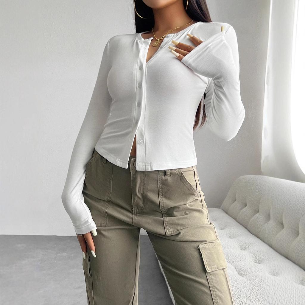 Women's Henley Neck Long Sleeve Slim Elegant Solid Button Down Top Casual Cropped Cardigan Tee For Spring Fall Daily Wear