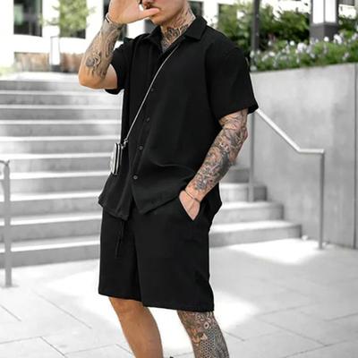 2-teiliges/Set Herren Freizeitoutfit Revers Kurzarmhemd Elastischer Bund Kordelzug Weites Bein