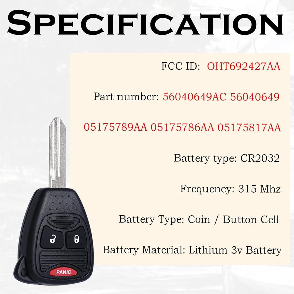 Keyless Entry Remote Control Key Fob Replacement Fits for Dodge Ram 1500 2500 3500 2006-2008 Dakota Magnum Durango Nitro Charger Avenger Caliber Jeep