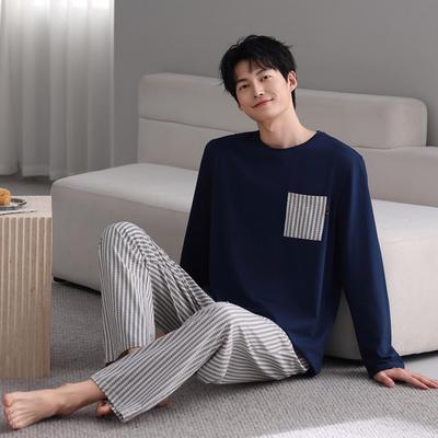 Autumn Men's Spandex Cotton Pajama Set - Long Sleeve, Long Pants, Casual Home Wear for All Ages.