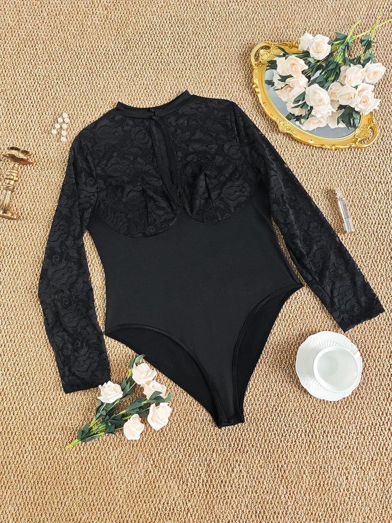 Plus Size Lace See-through Bodysuit with Open Crotch and Hollow-out Design