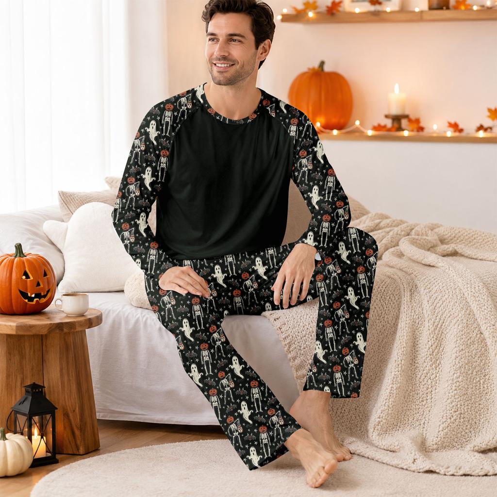 Herren Halloween Pyjama-Set mit langärmeligem Oberteil und langer Hose, lässig, bequem, Nachtwäsche