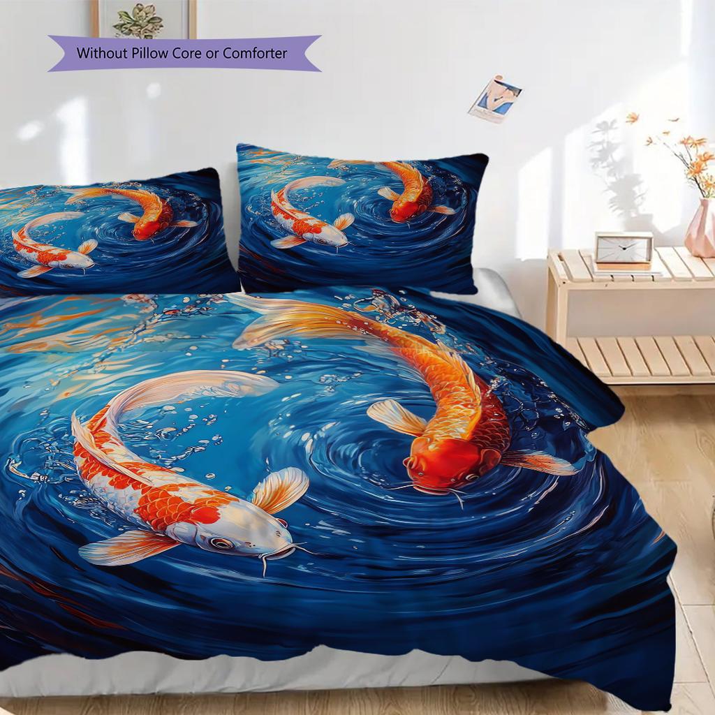 Koi Fish Pattern Bedding Quilt Set Quilt Cover Pillowcase Home Decoration Birthday Gift (1 * Duvet Cover + 2 * Pillowcase, Without Core)