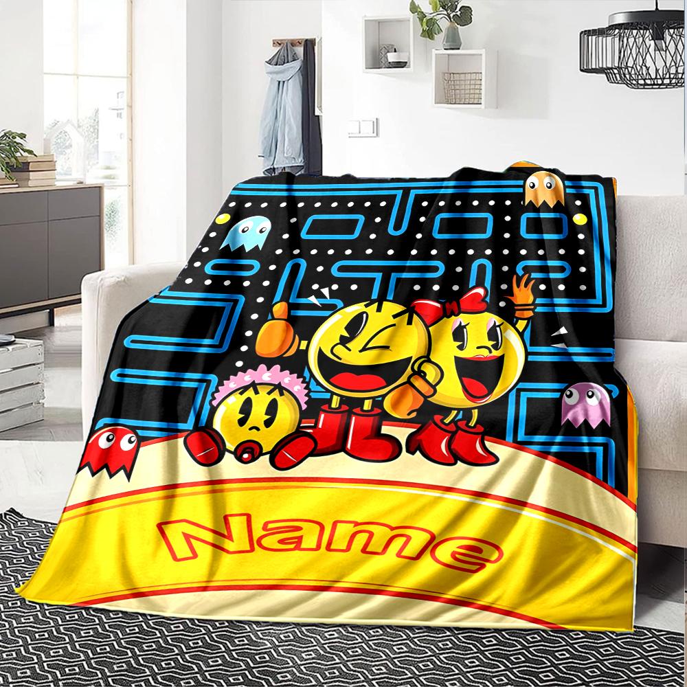 Custom Name Pac-Man Theme Printed Blanket - Perfect for Couch, Bed, Travel & Outdoor Use | Machine Washable, Cozy & Durable.
