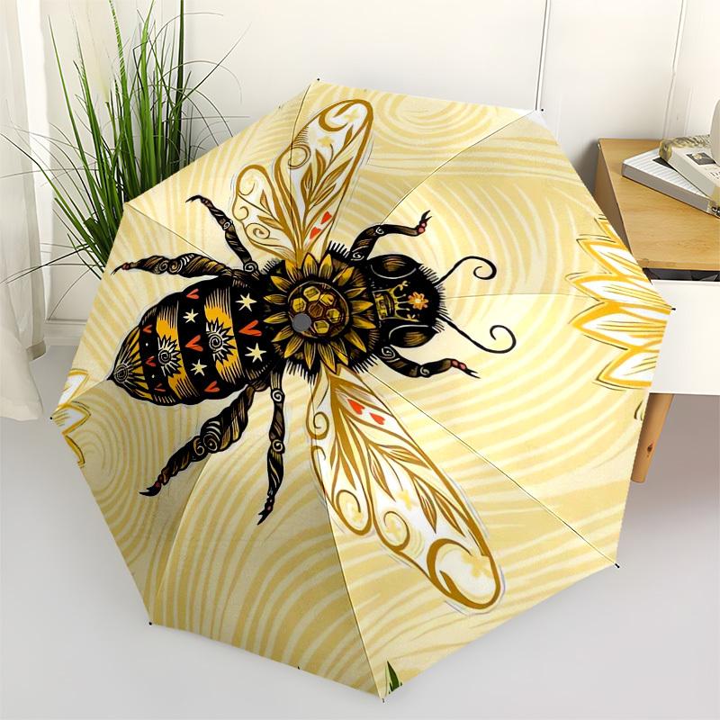 

1pc Golden Sunflower Bee Artwork Umbrella with Plastic Handle,Vibrant Cartoon Pattern,Multi-functional UmbrellaPT137