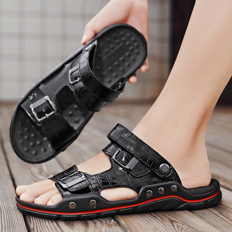 Romerske sandaler for menn svart hvitt skinn Gladiator sandaler utendørs sommer romerske sandaler for menn Peep Toe åpen tå strandsko