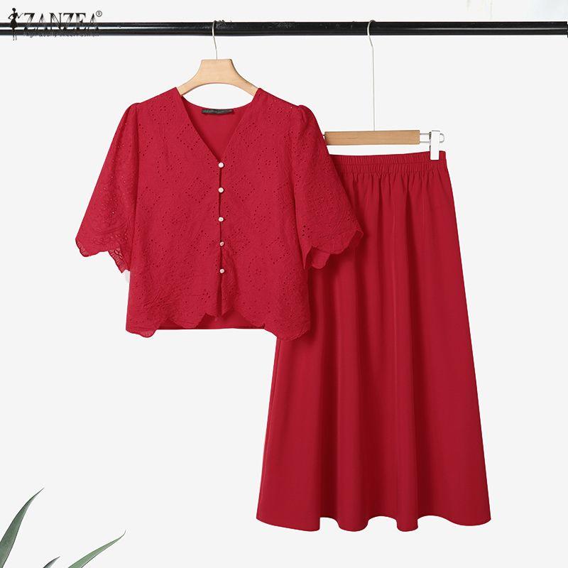 ZANZEA Women Short Sleeve Crochet Blouse and Long Skirts Summer Two Piece Sets