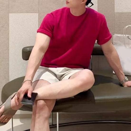 Summer Men T-Shirt Crew Neck Solid Color Short Sleeves Knitted Shirt Breathable Slim Fit Lightweight Basic Tee Casual Business Top