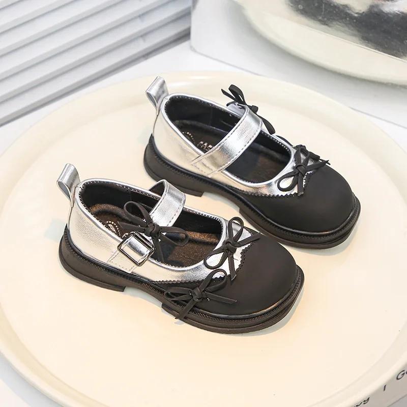 

Girls Leather Shoes Black Sweet Bows Kids Performance Shoes Non-slip 2025 New Fashion Children MaryJanes Dance Shoes Hook&loop 26 срібний