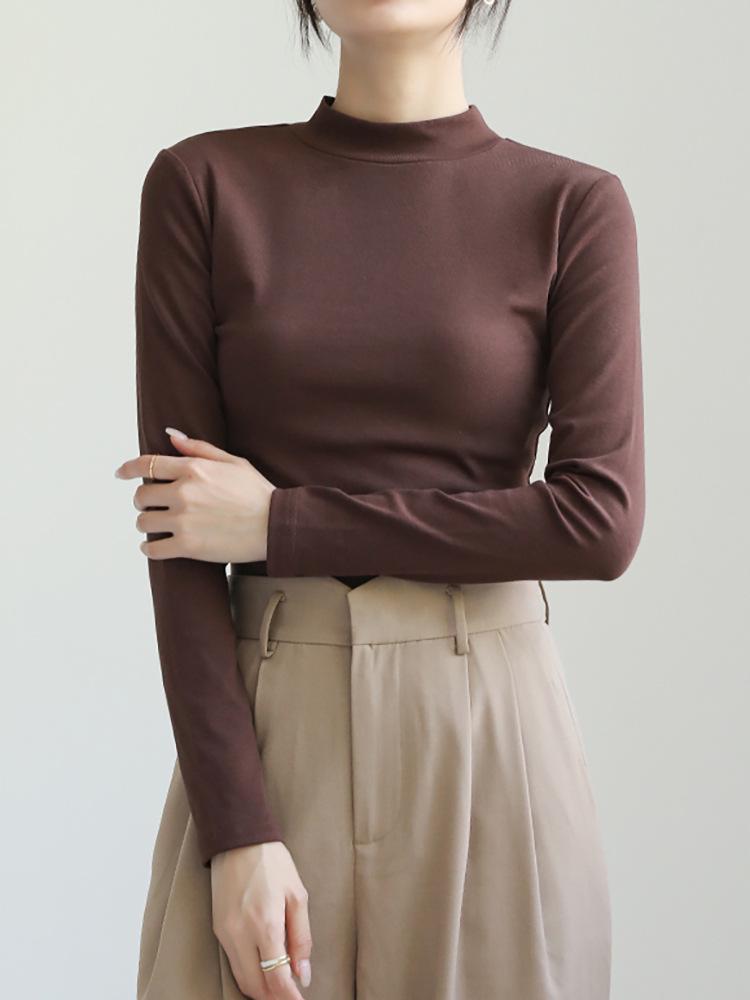 Women's Slim-Fit Stand Collar Long-Sleeve Fleece Base Layer Top - White, Ideal for Autumn and Winter Layering.