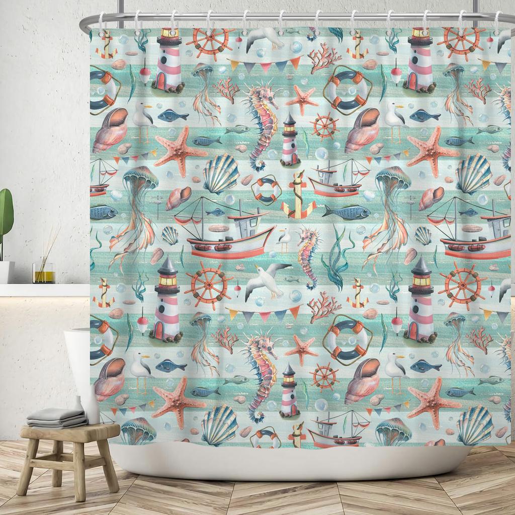 Nautical Theme Shower Curtain With Hooks Sailboat Anchor Seashells Starfish Waves Watercolour Art Modern Bathroom Curtain Decor