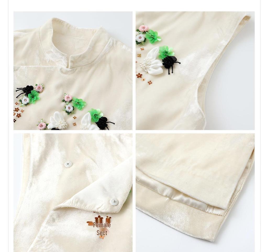 White Beaded Embroidery Vest with Stand-up Collar Shirt and Skirt - New Chinese Style Suit for Women, NZ019