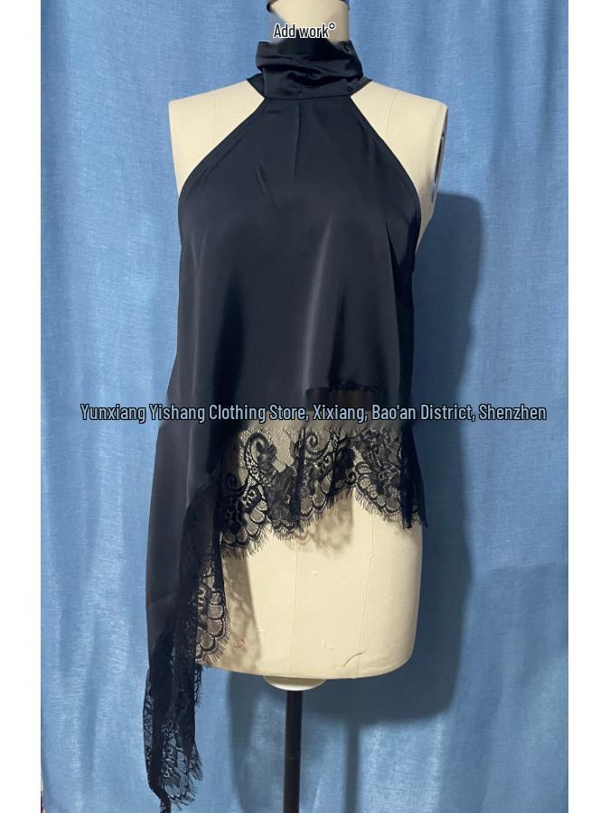 2025 Women's Satin Halter Neck Sleeveless Asymmetrical Camisole with Lace Trim