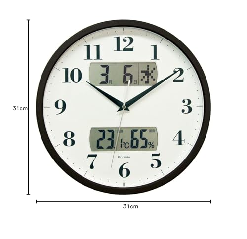 Formia Wall Clock, Radio-Controlled, Quiet, with Temperature and Humidity Monitors, Date, Calendar, Day of the Week, and Nighttime Stop Function, Brow