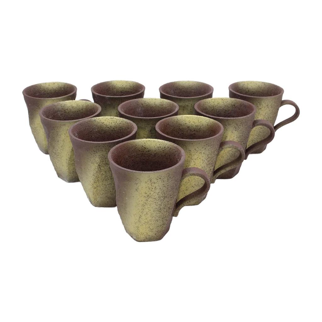 Castle Enterprise Mino Ware Japanese Cafe Series Rough-Kezuri Twisted Mugs, Shaded and Lightly Colored, Ink-Blown, Set of 10