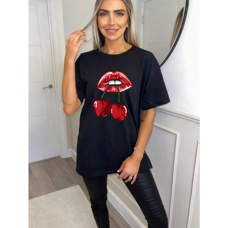 Black Oversized T Shirt With Red Lips And Cherries Print For Casual Wear