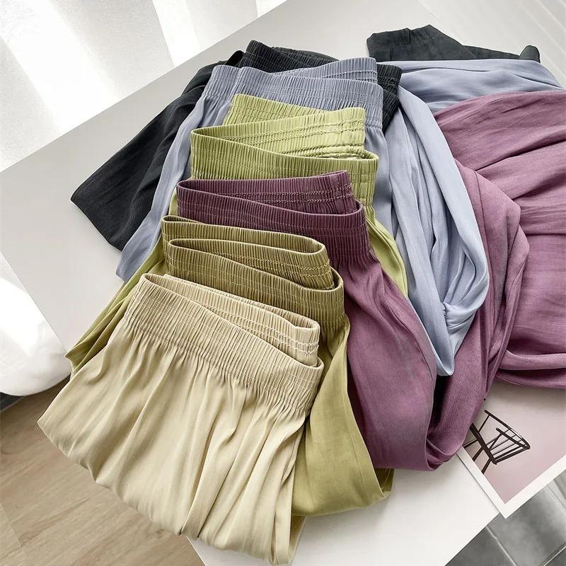 Summer Thin Loose Wide Leg Pants Women's Ice Silk Casual Pants Elegant Elastic Waist Straight Trousers Lady Sport Pant