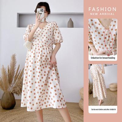 Rochie de maternitate cu buline, vară, pentru alăptare - lungime medie, lejeră, cu mânecă scurtă