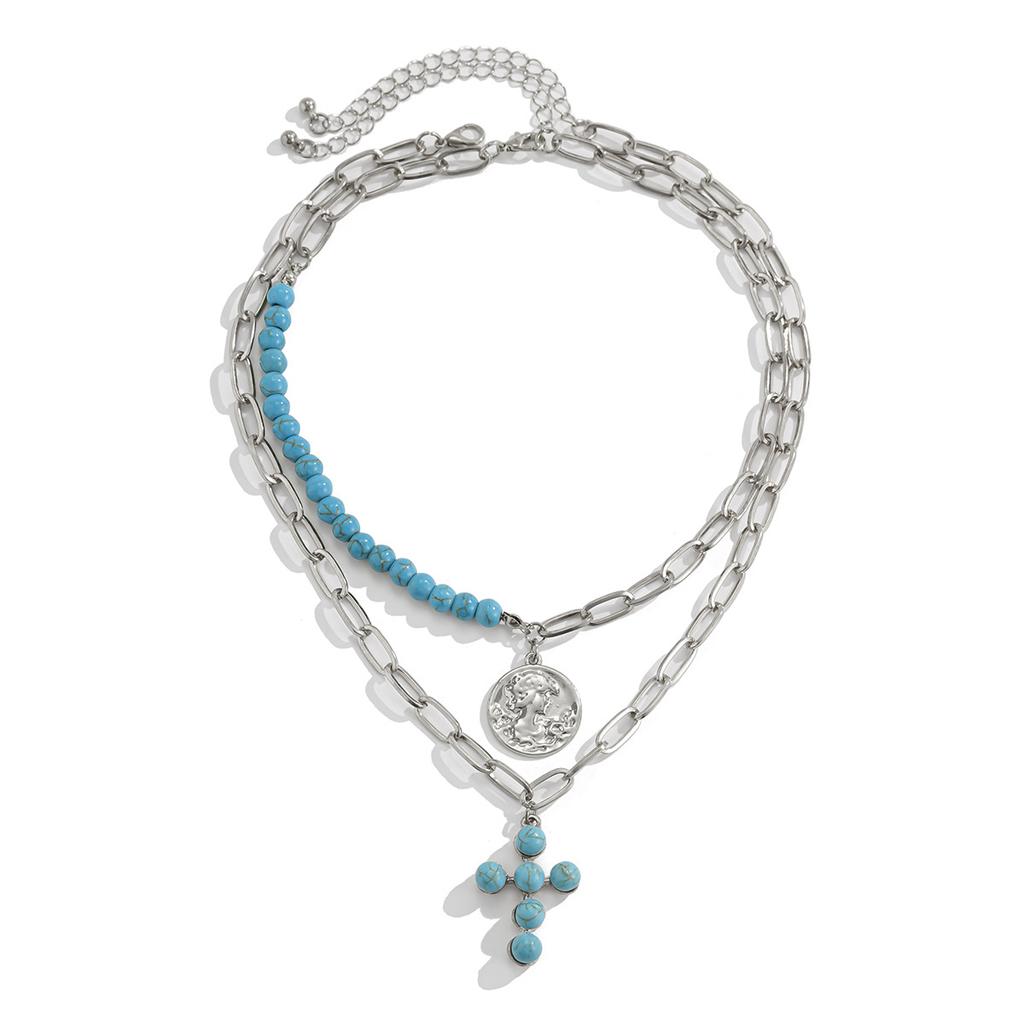 European and American jewelry retro ethnic style irregular turquoise metal cross necklace women's personalized chain necklace