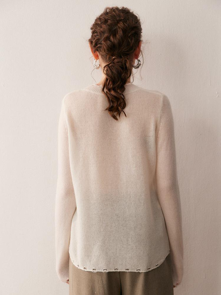 2025 Autumn/Winter Women's Distressed Round Neck Cashmere Sweater - Fashionable Loose Knitted Solid Color Long Sleeve Shirt