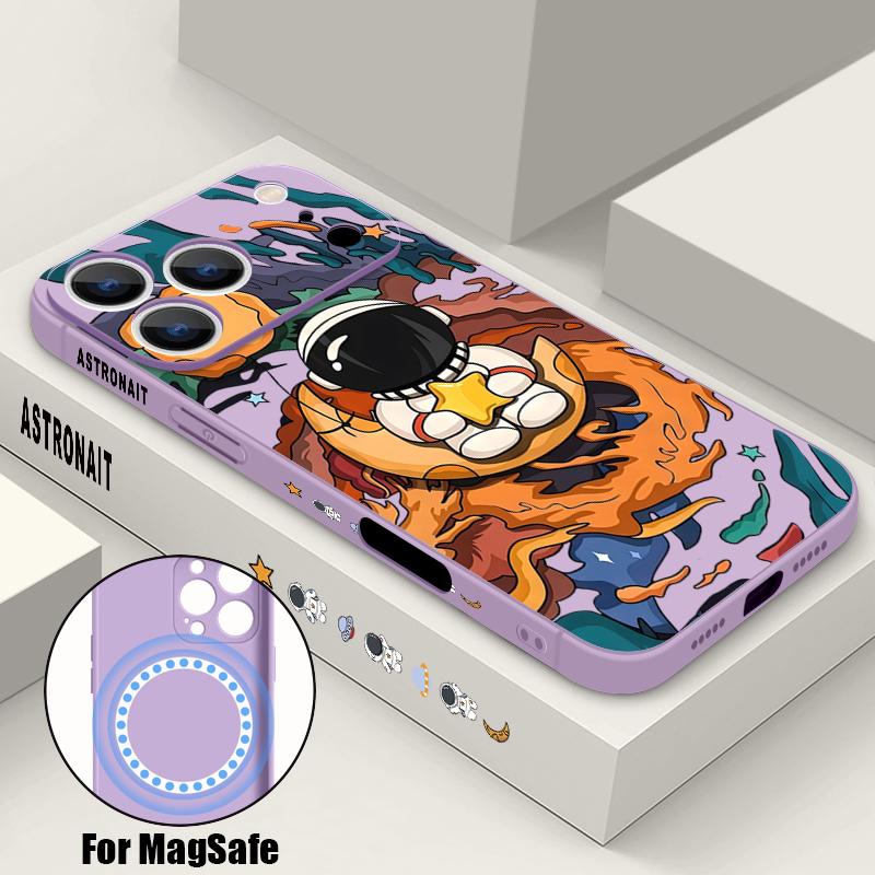 Cartoon Astonaut Planet Pattern Case For iPhone 16 Pro Max Magnetic For Magsafe Soft Cover For iPhone 17 15 14 13 Pro Max 17E 16E