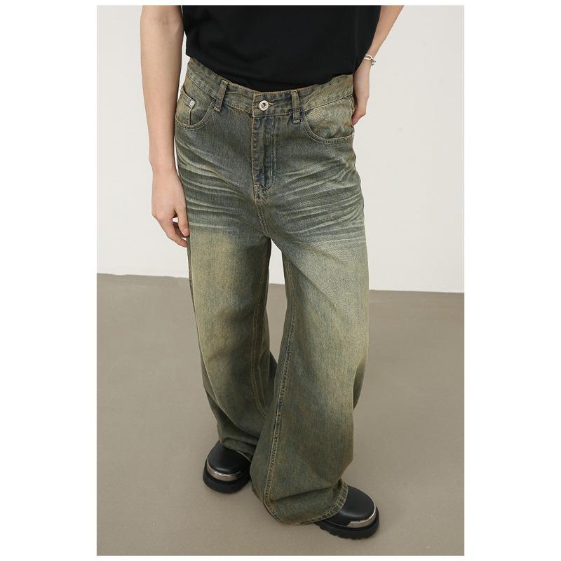 Long Trousers Vintage Green Washed Jeans Men's Sagging Loose Straight Wide-leg Pants Straight Loose Jeans for Men Fashionable and Comfortable Pants