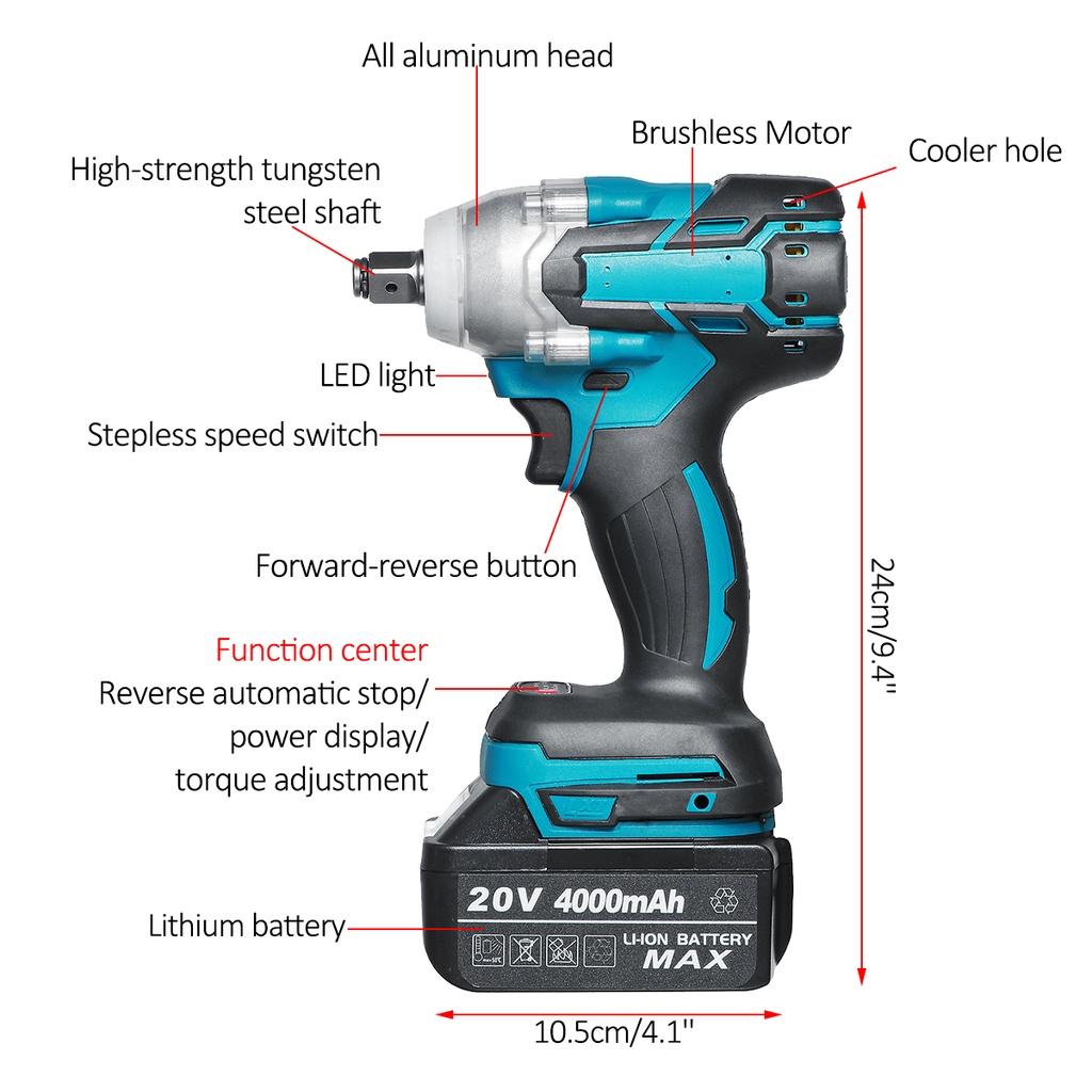 20V 520N.m 1/2 Rechargeable Socket Cordless Wrench Screwdriver Power Tools for Battery Brushless Electric Impact Wrench